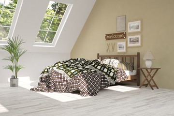 Inspiration of white minimalist  bedroom with summer landscape in window. Scandinavian interior design. 3D illustration