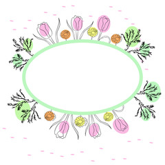 Oval flower frame. Vector illustration of tulips and daisies