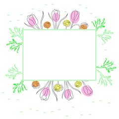 Rectangular flower frame. Vector illustration of tulips and daisies