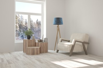 White room with armchair and winter landscape in window. Scandinavian interior design. 3D illustration