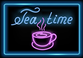 Neon signboard with glowing tea cup and inscription "Tea time"
