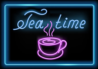Neon signboard with glowing tea cup and inscription 