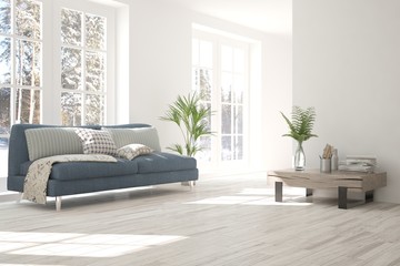 White room with sofa and winter landscape in window. Scandinavian interior design. 3D illustration