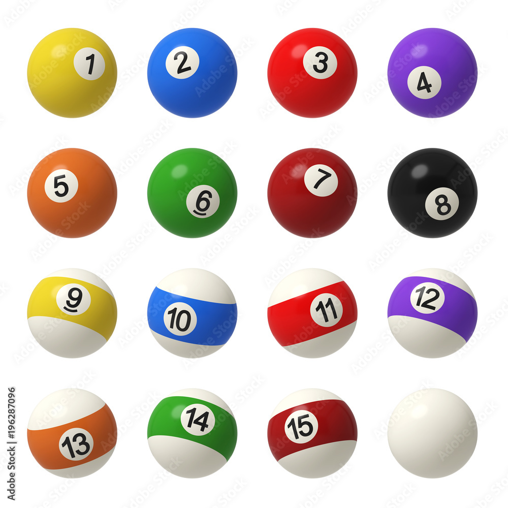 Poster 3d rendering of a complete set of billiard balls in front view with different colors and numbers.