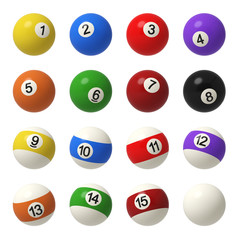 3d rendering of a complete set of billiard balls in front view with different colors and numbers.