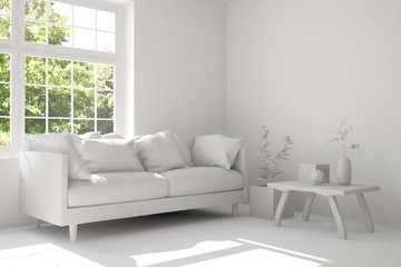 White room with sofa. Scandinavian interior design. 3D illustration