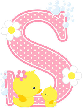 initial s with flowers and cute baby duck and mom isolated on white. can be used for baby girl birth announcements, nursery decoration, mother's day card,party theme or birthday invitation. 