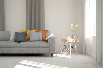 Idea of white minimalist room with sofa. Scandinavian interior design. 3D illustration