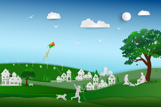 Back To Nature And Save The Environment Concept,green Energy Eco Friendly With Solar And Wind Power,family Love The Dog Happy And Relax In The Meadow,paper Art Design,vector Illustration