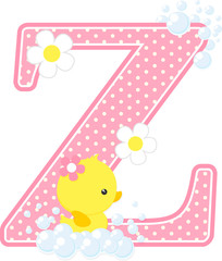 initial z with bubbles and cute rubber duck isolated on white. can be used for baby girl birth announcements, nursery decoration, party theme or birthday invitation. Design for baby girl