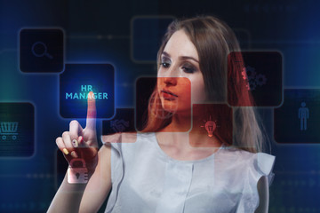 The concept of business, technology, the Internet and the network. A young entrepreneur working on a virtual screen of the future and sees the inscription: HR manager