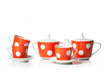 Tea set, red and white  dots design, decorative dishes collection