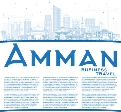 Outline Amman Jordan Skyline with Blue Buildings and Copy Space.