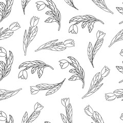 Seamless pattern with cute cartoon  flowers, tulips on white background