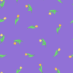 Seamless pattern with small cute cartoon yellow flowers, tulips on violet background.