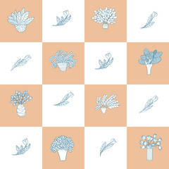 Seamless pattern with small cute cartoon plants and flowers in pots and tulips. Checkered orange and white background.