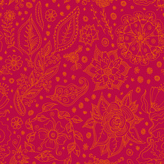 Vector seamless pattern with Spring flowers. Hand drawn floral doodle in red colors. Spring Sale artistic seamless background