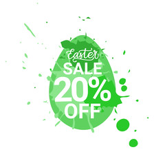 Naklejka premium Easter Sale Logo Egg With Green Paint Splash Background Spring Discounts Sticker Vector Illustration
