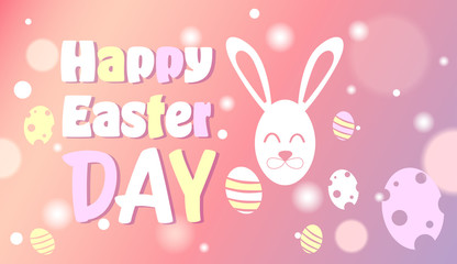Happy Easter Day Colorful Decoration Poster Design With Rabbit And Eggs Vector Illustration