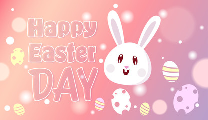 Happy Easter Day Decoration Background Design With Rabbit And Eggs On Pink Bokeh Vector Illustration