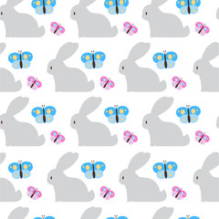 Easter Seamless Pattern With Bunny And Butterfly Ornament On White Background Vector Illustration