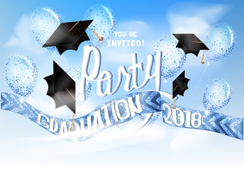 Graduation 2018 banner with sky. hats and air balloons. Vector illustration © unona613