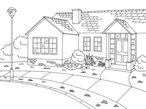 Street road graphic house black white landscape sketch illustration vector