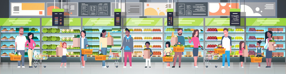 Group Of People In Supermarket Holding Bags, Baskets And Pushing Trolleys Over Shelves With Grocery Products Consumerism Concept Flat Vector Illustration