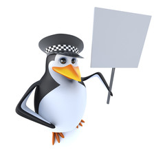 3d Funny cartoon police penguin character holding a blank placard