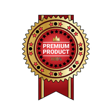 Premium Product Quality Badge Golden Seal With Ribbon Isolated Vector Illustration