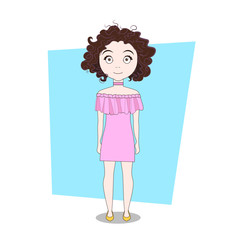 Cartoon Hipster Girl In Stylish Dress Doodle Vector Illustration