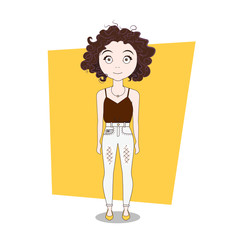 Cute Doodle Cartoon Curly Girl In Hipster Clothes Vector Illustration