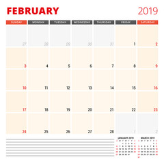 Calendar planner template for February 2019. Week starts on Sunday. Vector illustration