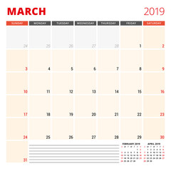 Calendar planner template for March 2019. Week starts on Sunday. Vector illustration