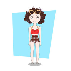 Cute Cartoon Curly Girl In Hipster Clothes Vector Illustration