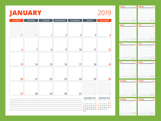 Calendar planner template for 2019 year. Week starts on Sunday. Vector illustration