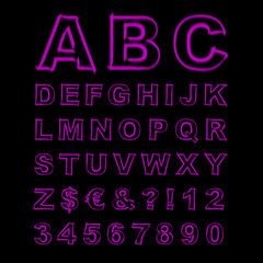 Blurred Neon Vector Font. Purple Letters, Signs and Numerals on a Black Background