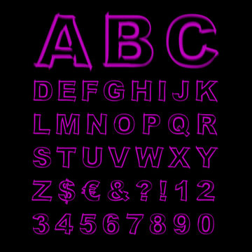 Blurred Neon Vector Font. Purple Letters, Signs and Numerals on a Black Background