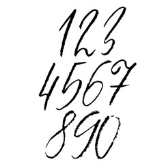 Set of calligraphic ink numbers. Textured brush lettering. Vector illustration.