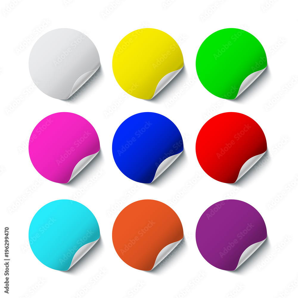 Poster different color round blank stickers with curled edge isolated on transparent background. vector des