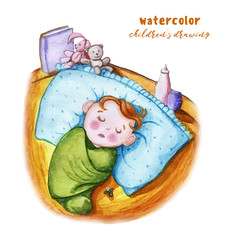 Watercolor children's drawing of a child in a diaper, sleeping on a large pillow, next to the nipple, next to him, mother and nurse - soft toys and bottles, bright colors, illustrations for books, pos