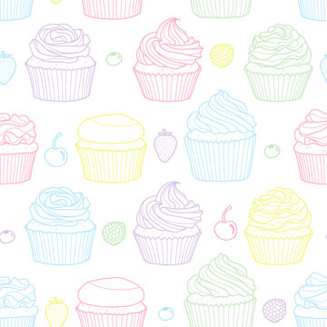 6 styles of cupcake and fruits random on white background.