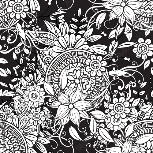 Floral Seamless Pattern In Black And White Adult Coloring Book Page With Flowers Mandalas