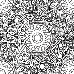 Hand drawn seamless pattern with leaves and flowers. Doodles floral ornament. Black and white decorative elements. Perfect for wallpaper, adult coloring books, web page background, surface textures.