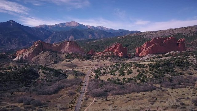 An aerial view of Garden of the Gods in Colorado Springs, Colorado.