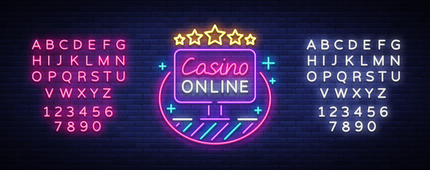 Online Casino neon sign vector. Logo in neon style, gambling symbol, light banner, bright neon night advertising for casino, gambling. Design template. Editing text neon sign