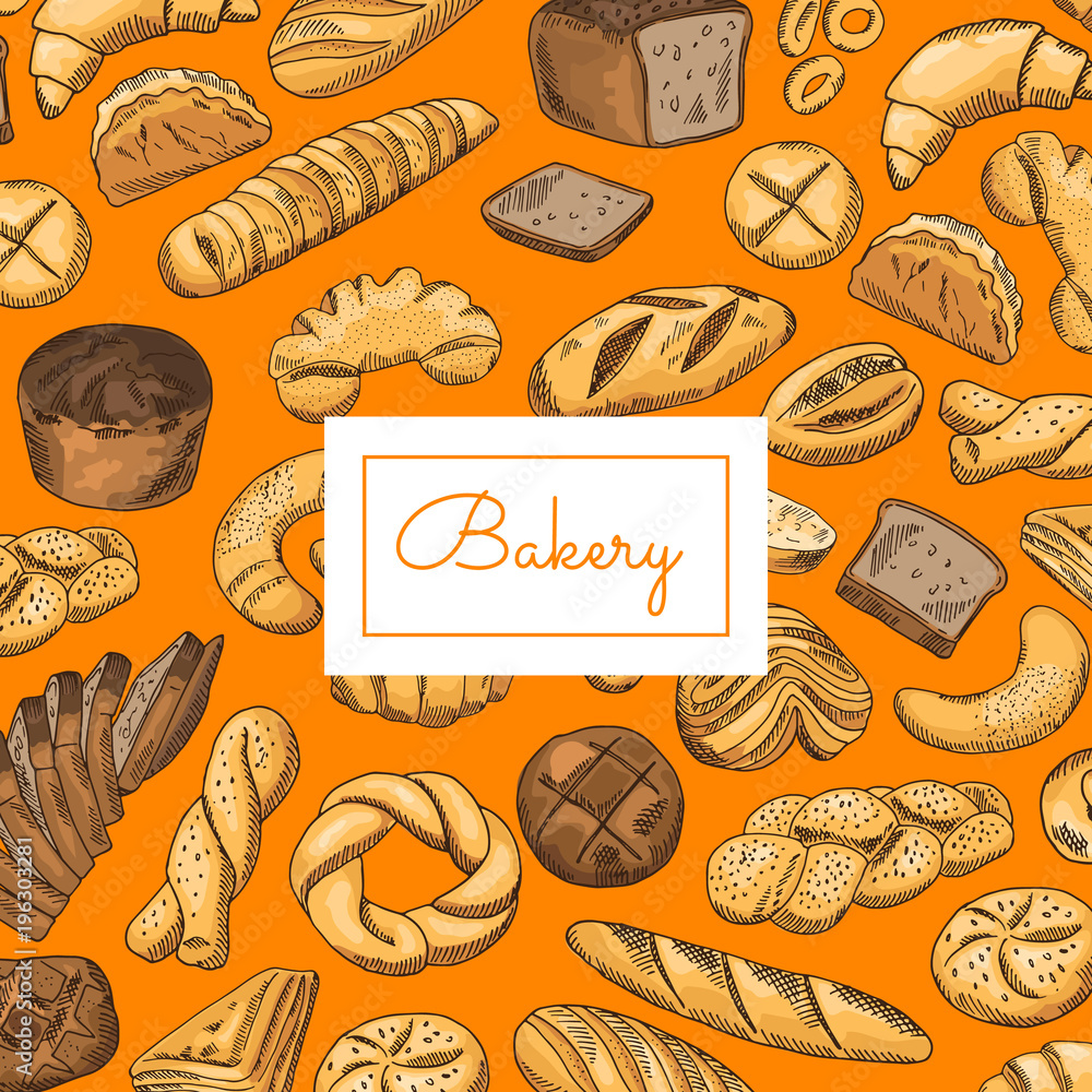 Poster vector hand drawn colored bakery elements background with place for text