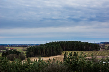 View from Bunelka mountain on the forest at cloudy day, Masuria, Poland