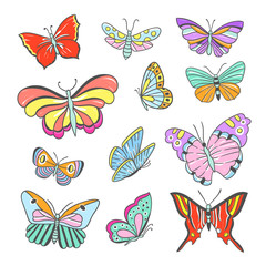 Colorful butterflies hand drawn vector set. Cute insects illustrations, flying butterflies and dragonflies