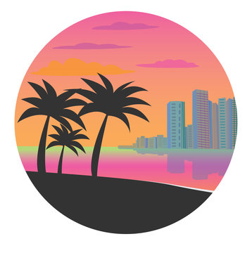 Flat vector illustration of Miami. Icon with Miami in the circle. Resort city with palm trees at sunset for design.